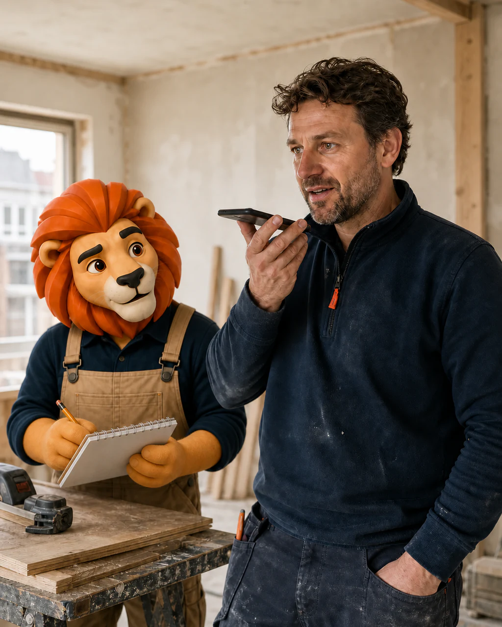 Een vakman spreekt een klus in terwijl OfferteLeeuw de gegevens noteert