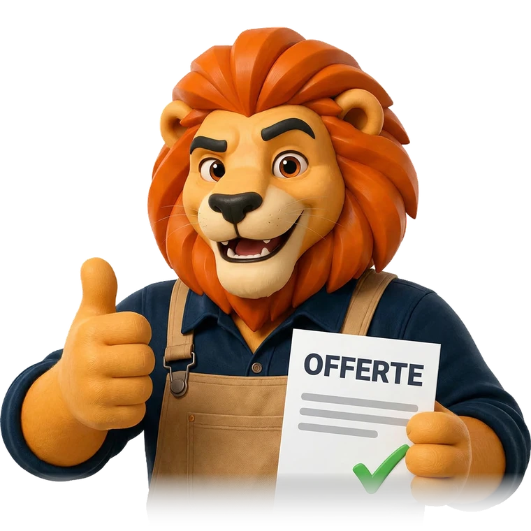 OfferteLeeuw houdt een goedgekeurde offerte omhoog en steekt zijn duim op